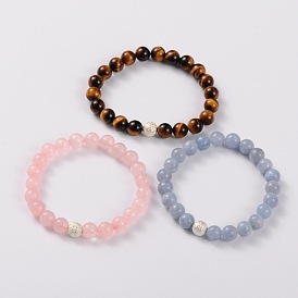 Natural Gemstone Stretch Bracelets, with Brass Textured Beads, Silver Color Plated, 49mm