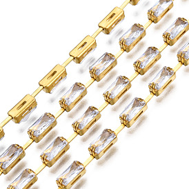 Rectangle Cubic Zirconia Strass Chains, Gold Plated Brass Link Chains, Soldered, with Spool