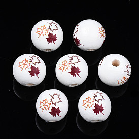 Perles en bois naturel imprimées sur le thème de l'automne, rond avec feuille d'érable