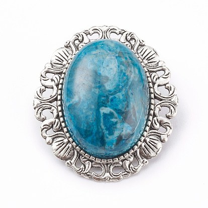 Mixed Gemstone Brooch, with Alloy Findings, Oval, Antique Silver