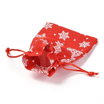 Christmas Themed Burlap Packing Pouches, Drawstring Bags, with Snowflake Pattern