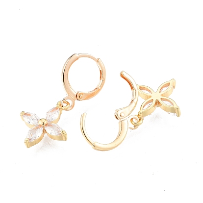 Clear Cubic Zirconia Flower Dangle Leverback Earrings, Brass Jewelry for Women, Cadmium Free & Nickel Free & Lead Free