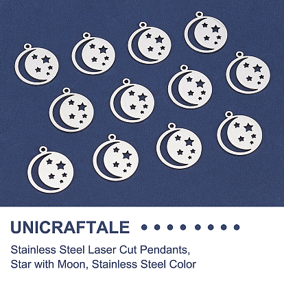 Unicraftale 201 Stainless Steel Laser Cut Pendants, Star with Moon