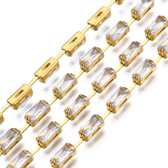 Rectangle Cubic Zirconia Strass Chains, Gold Plated Brass Link Chains, Soldered, with Spool