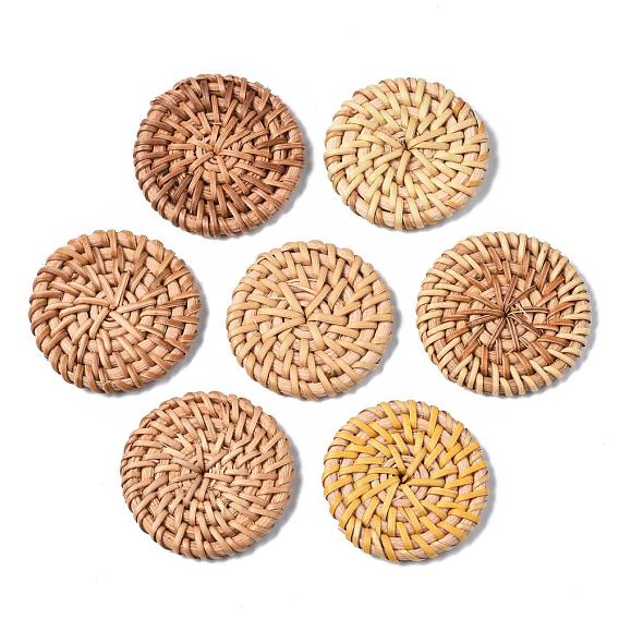 Handmade Reed Cane/Rattan Woven Beads, For Making Straw Earrings and Necklaces, No Hole/Undrilled, Flat Round