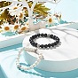 2Pcs 2 Color Natural Lava Rock Round Beaded Stretch Bracelets Set with Alloy Flower, Essential Oil Gemstone Jewelry for Women