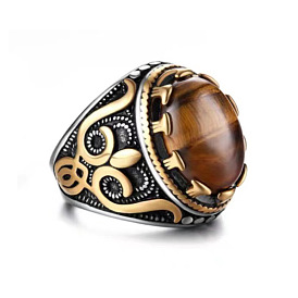 Natural Tiger Eye Oval Finger Ring, Titanium Steel Wide Ring