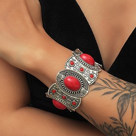 Bohemia Style Alloy Oval Stretch Bracelets for Women, with Red Acrylic Imitation Turquoise Beaded