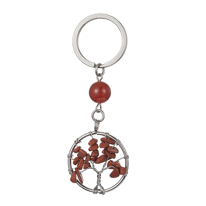 Natural & Synthetic Gemstone Chips Flat Round with Tree of Life Kcychain, with 304 Stainless Steel Findings