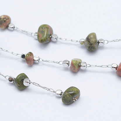 Natural Unakite Handmade Beaded Chains, Soldered, with Spool, with Eco-Friendly Brass Findings, Long-Lasting Plated, Nuggets