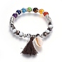 Chakra Jewelry, Cotton Thread Tassels Pendant Stretch Bracelets, with Natural & Synthetic Mixed Stone Beads, Glass Beads, Cowrie Shell and Alloy Findings