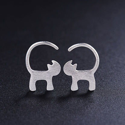 SHEGRACE Cute Design 925 Sterling Silver Stud Earrings, with Wiredrawing Kitten, 10x15mm