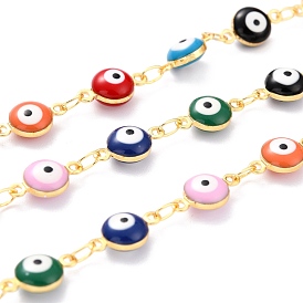 Handmade Golden Brass Enamel Link Chains, with Spool, Soldered, Long-Lasting Plated, Flat Round with Evil Eye