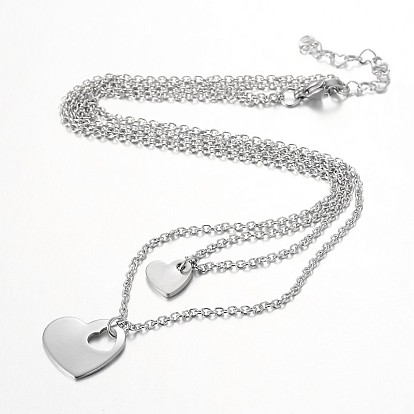 Two Tier Stainless Steel Necklaces, with Heart Pendants and Cable Chains, 15.9 inch(40.5cm), 1strand/box