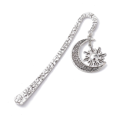 Tibetan Style Alloy Moon & Sun Pendant Bookmarks, Flower Pattern Hook Bookmarks