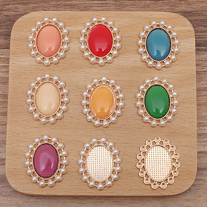 Retro Alloy Cabochons, with Imitation Cat Eye and Pearl, Oval, Light Gold