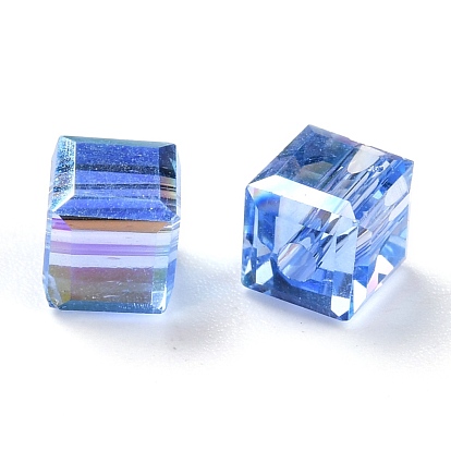 Electroplate cuentas de vidrio transparentes, cubo facetas, arco iris chapado