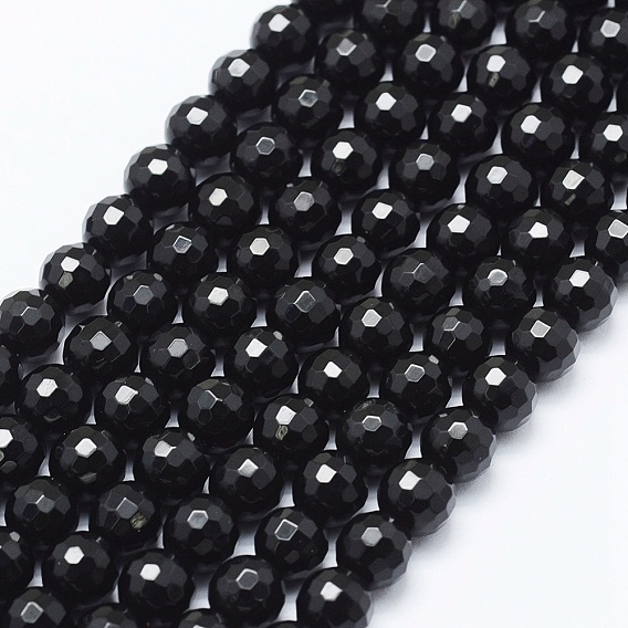 Natural Black Onyx Beads Strands, Dyed, Round, Faceted(128 Facets)