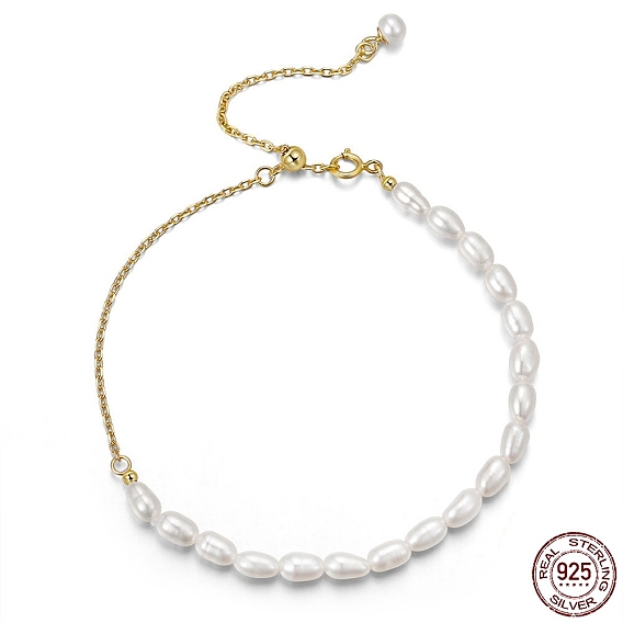 Pulseras ajustables de cadena tipo cable de plata de ley, Pulseras de perlas naturales de agua dulce para mujer.