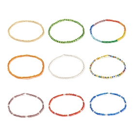 9Pcs 9 Color Glass Seed Beaded Stretch Anklets Set, Stackable Anklets for Women
