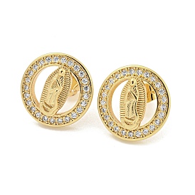 Brass Micro Pave Cubic Zirconia Ear Studs, Ring with Virgin Mary Pattern