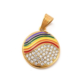 304 Stainless Steel Enamel Pendants, with Crystal Rhinestone, Flat Round Charms, Golden