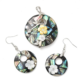 Natural Paua Shell Donut & White Shell Flower Jewelry Set, Rhinestone Dangle Earrings & Pendants with Brass Findings