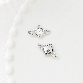 Platinum Alloy Rhinestone Pendants, Heart with Wing Charms