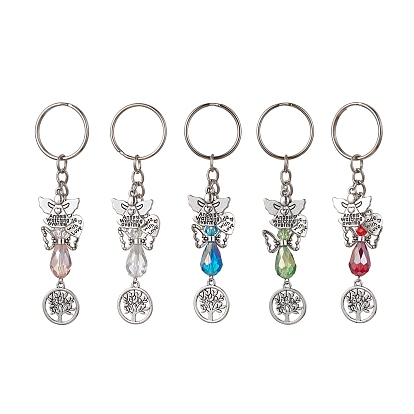 Porte-clés pendentif ange en verre et arbre de vie en alliage, avec porte-clés fendus