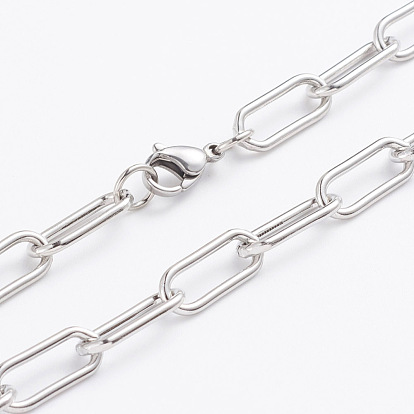 304 Stainless Steel Paperclip Chains, Drawn Elongated Cable Chains Necklaces, with Lobster Clasps