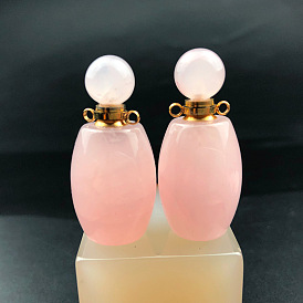 Bouteille de parfum vide d'huile essentielle de quartz rose naturel, bouteille rechargeable, avec les accessoires en laiton