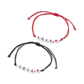 2Pcs 2 Color Heart with Word 2024 Acrylic Braided Bead Bracelets Set, Nylon Adjustable Bracelets