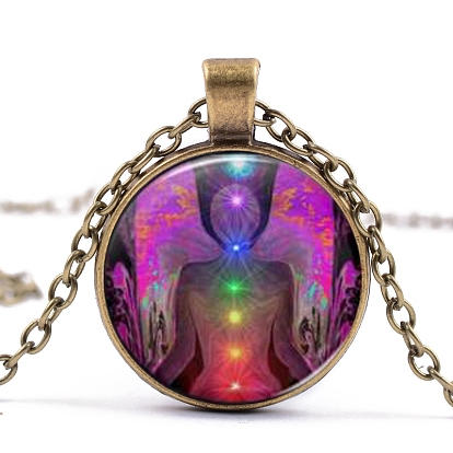 Collier pendentif en verre humain thème chakra yoga, bijoux en alliage pour femmes