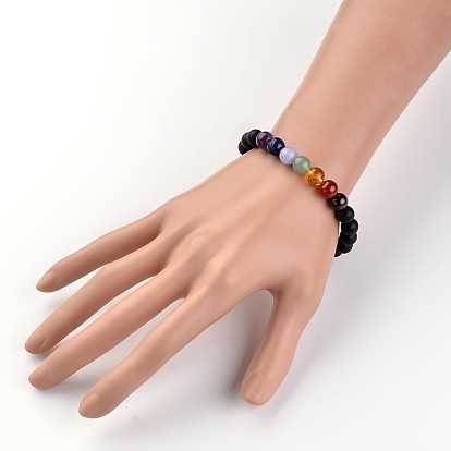 Bracelets extensibles en perles d'agate noire naturelle chakra (teints), avec des perles de pierres fines