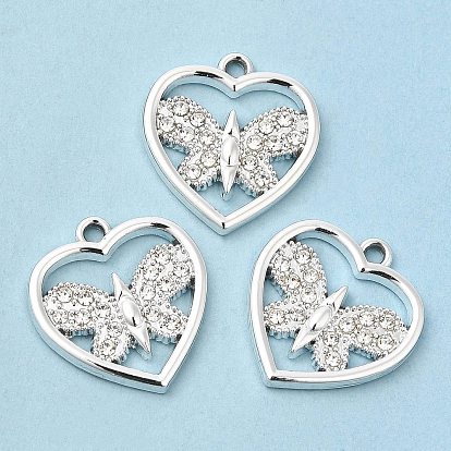 UV Plating Alloy Rhinestone Pendants, Cadmium Free & Lead Free, Heart with Butterfly Charms