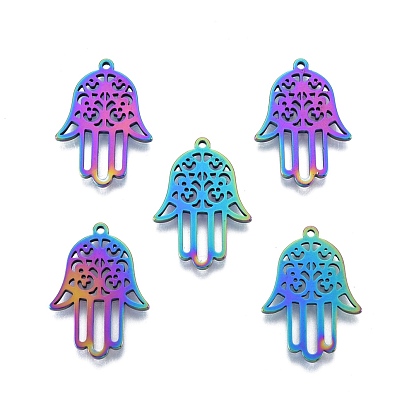 201 Stainless Steel Pendant, Hollow Charms, Hamsa Hand/Hand of Miriam with Flower