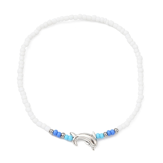 Tibetan Style Alloy Dolphin & Seed Beaded Stretch Anklet for Women