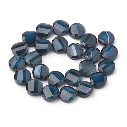 Opaque Solid Color Glass Beads Strands, Faceted, Flat Round, Twisted