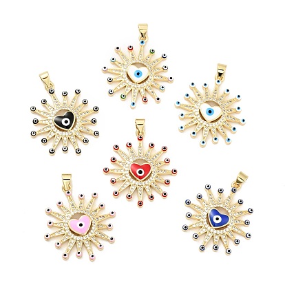 Rack Plating Brass Micro Pave Clear Cubic Zirconia Pendants, with Enamel, Cadmium Free & Lead Free, Sun with Evil Eye & Heart, Real 18K Gold Plated