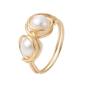 Natural Pearl Braided Bead Style Finger Ring, Golden Alloy Wire Wrap Ring for Women