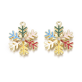 Golden Plated Alloy Pendants, with Enamel & Crystal Rhinestone, Snowflake, for Christmas