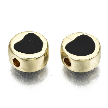 Alloy Enamel Beads, Cadmium Free & Lead Free, Flat Round with Heart, Light Gold