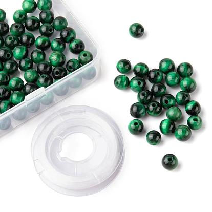 100 pcs 8 mm perles rondes en oeil de tigre vert naturel, avec fil de cristal élastique 10m, pour les kits de fabrication de bracelets extensibles bricolage