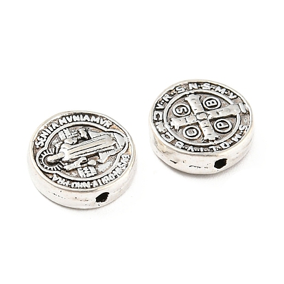 Tibetan Style Alloy Beads, Cadmium Free & Lead Free, Flat Round with Cssml Ndsmd Cross God Father Religious Christianity