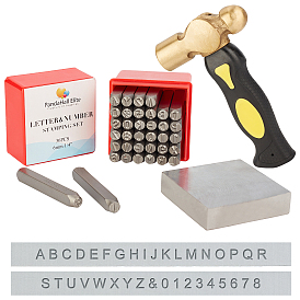PandaHall Elite Letter A~Z, Number 0~8 and Ampersand Iron Seal Stamps, Brass Hammers, Gold Hammer Square Iron Anvil Workbenches