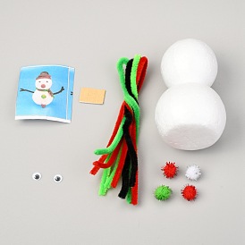 Bricolage de bonhomme de neige de noël, y compris l'image, bâton de chenille, bâtons de papier, oeil artisanal, boule de pom pom, modèle en mousse