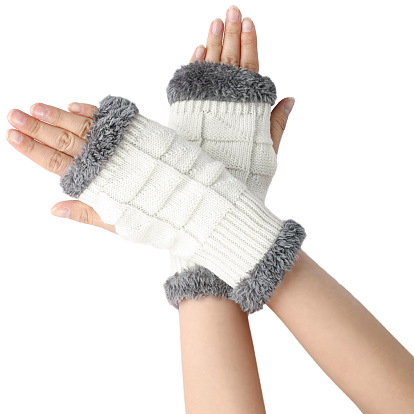 Guantes sin dedos para tejer con hilo de fibra acrílica, guantes cálidos de invierno con borde esponjoso y orificio para el pulgar