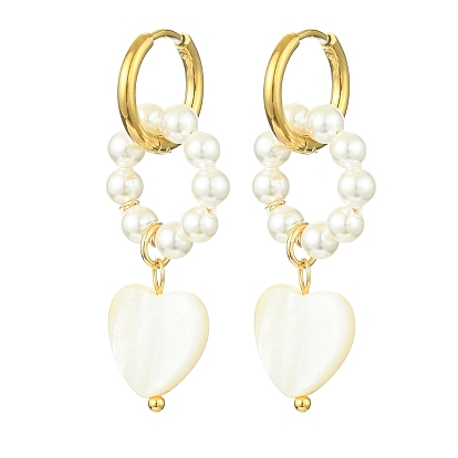 Natural Pearl & Shell Heart Dangle Hoop Earrings, Golden Alloy Drop Earrings