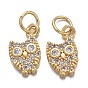 Brass Micro Pave Cubic Zirconia Charms, with Jump Rings, Owl, Clear