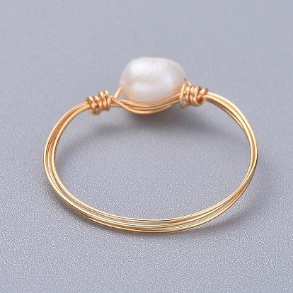 Grade A Natural Freshwater Pearl Rings, with Eco-Friendly Copper Wire
